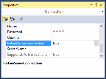 Image showing the Connection Properties window with the RetainSameConnection option set to true
